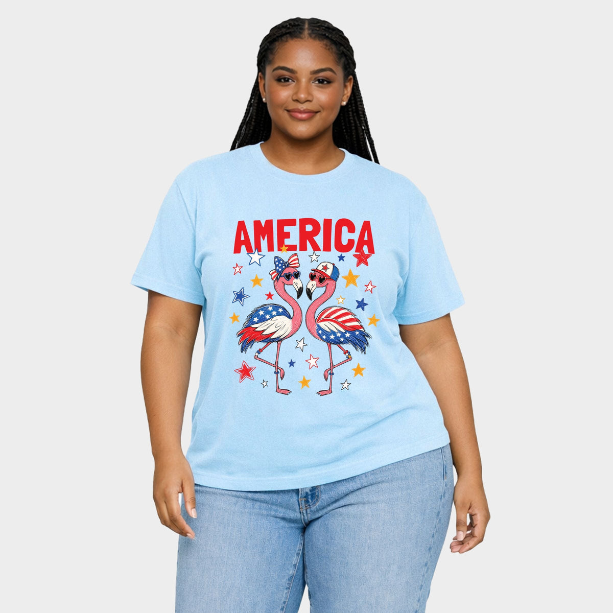 America Flamingos Star - Women's Plus Sized Garment Dyed Graphic T-Shirt