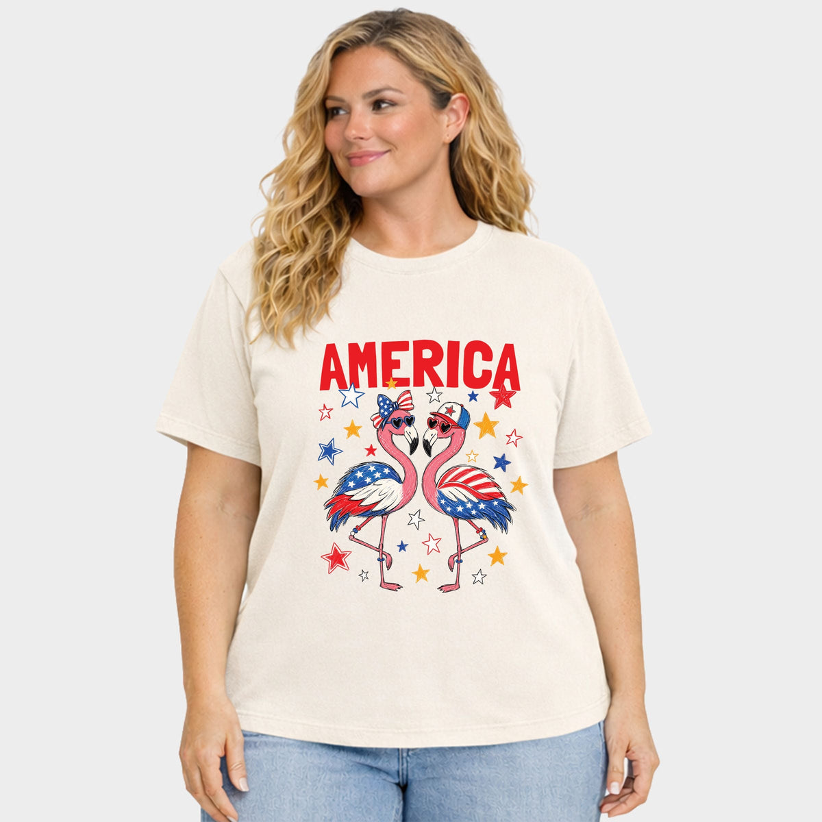 America Flamingos Star - Women's Plus Sized Garment Dyed Graphic T-Shirt