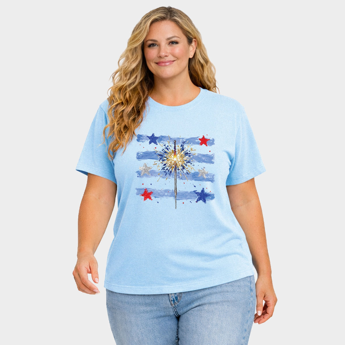 Sparkler Stripes - Women's Plus Sized Garment Dyed Graphic T-Shirt