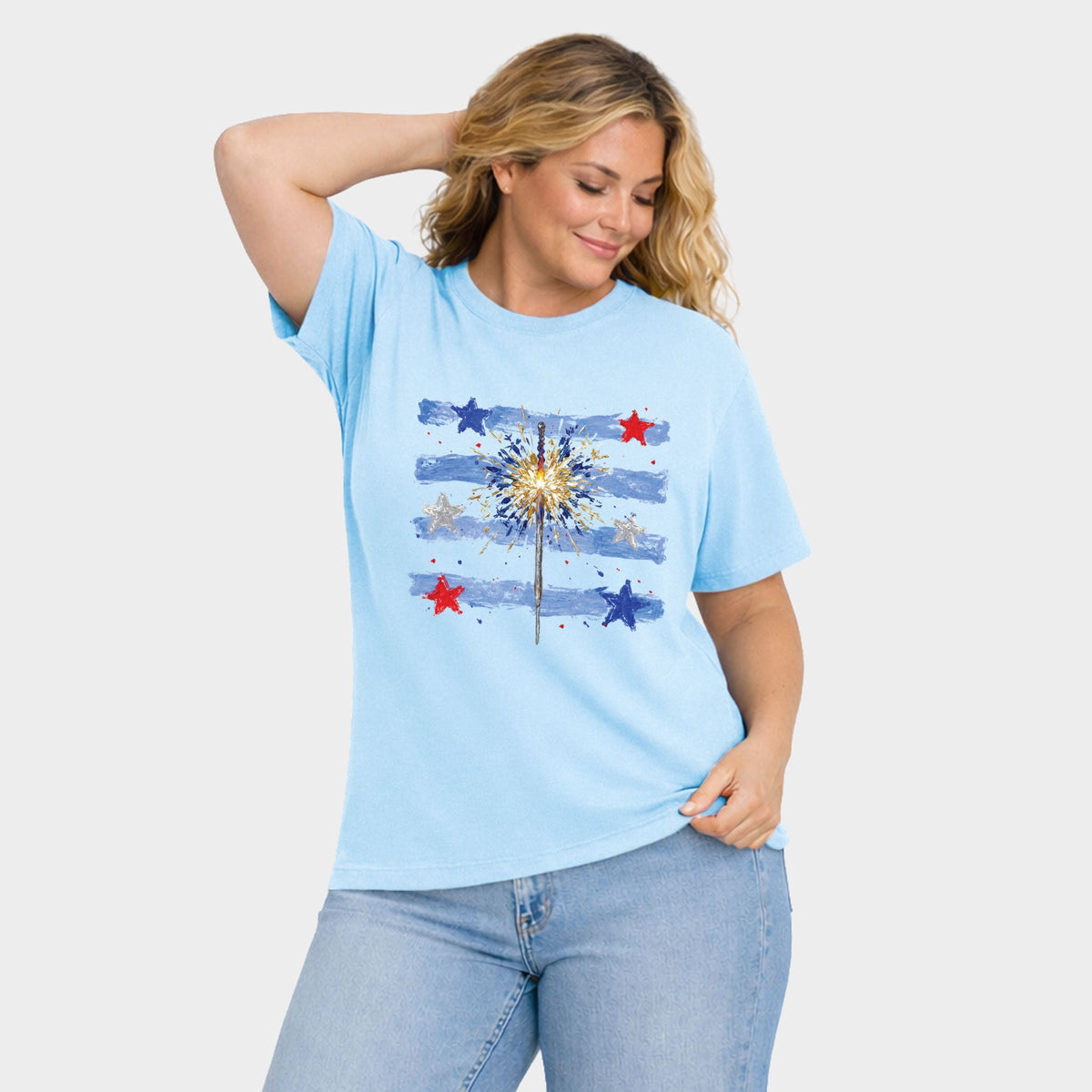 Sparkler Stripes - Women's Plus Sized Garment Dyed Graphic T-Shirt