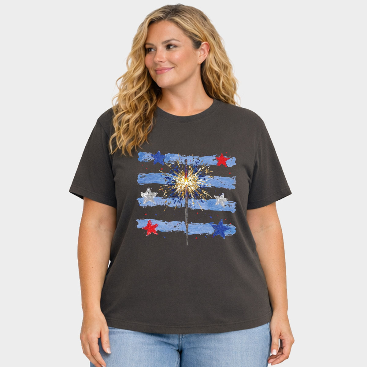 Sparkler Stripes - Women's Plus Sized Garment Dyed Graphic T-Shirt