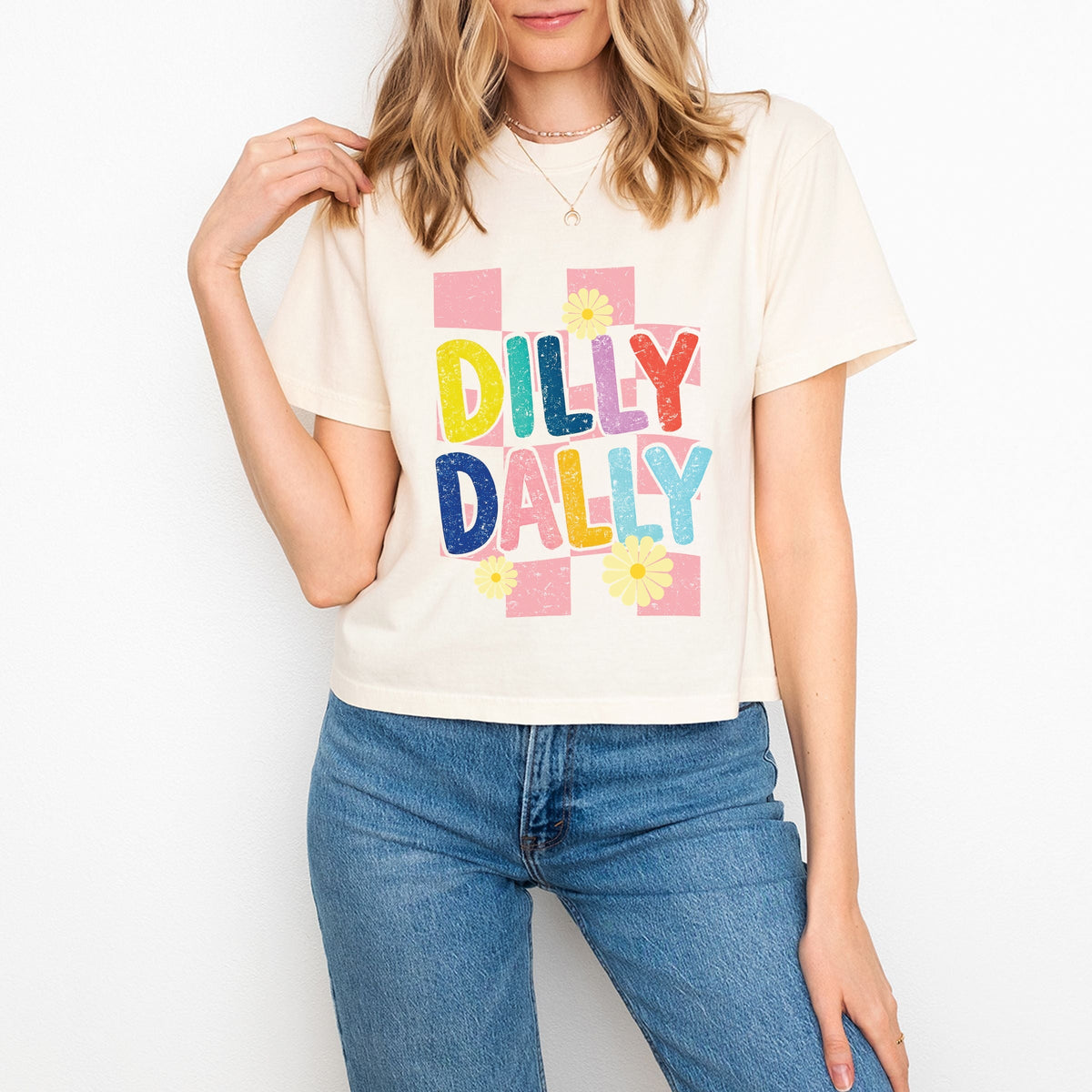 Dilly Dally Checkered - Women's Boxy Crop Top Graphic T-Shirt