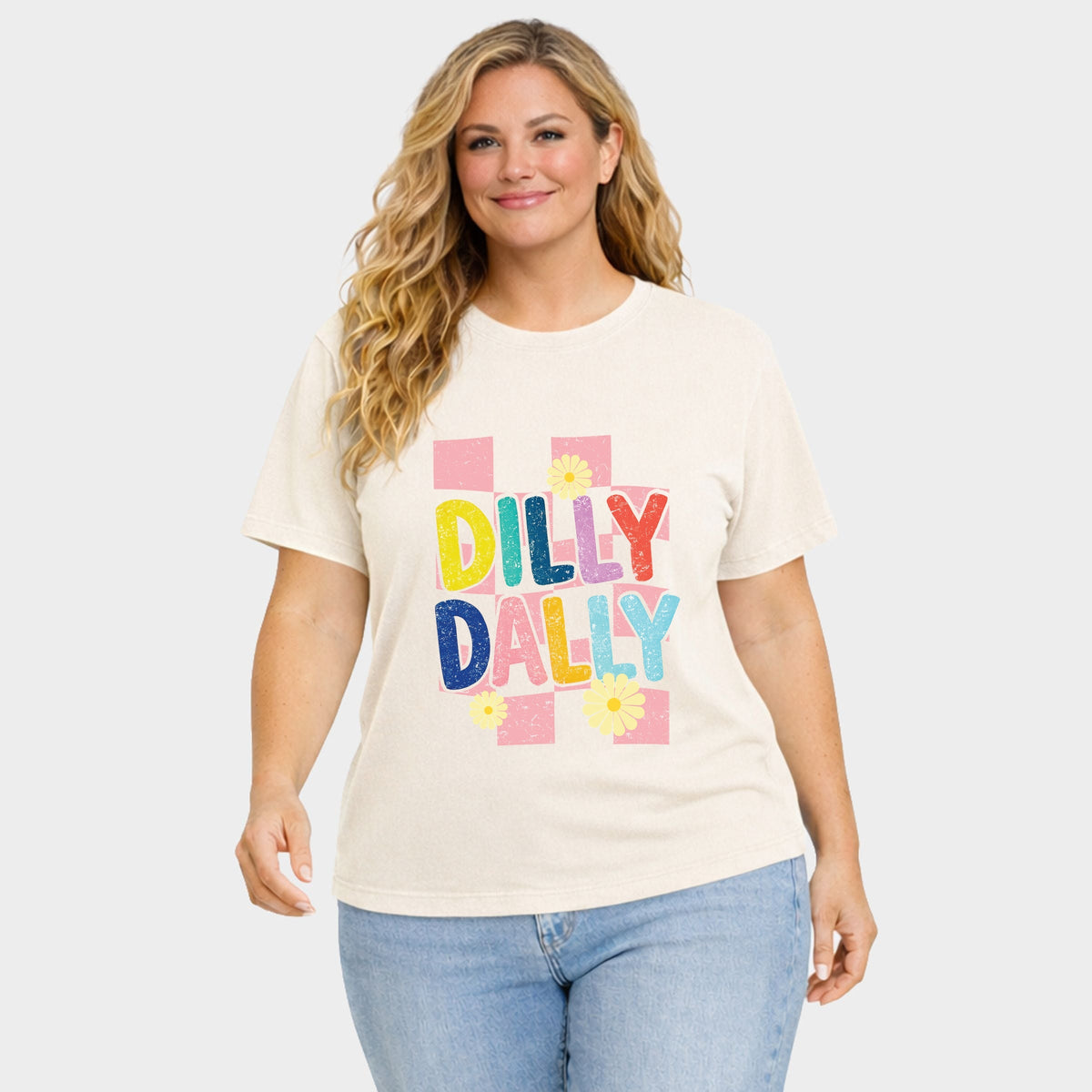 Dilly Dally Checkered - Women's Plus Sized Garment Dyed Graphic T-Shirt