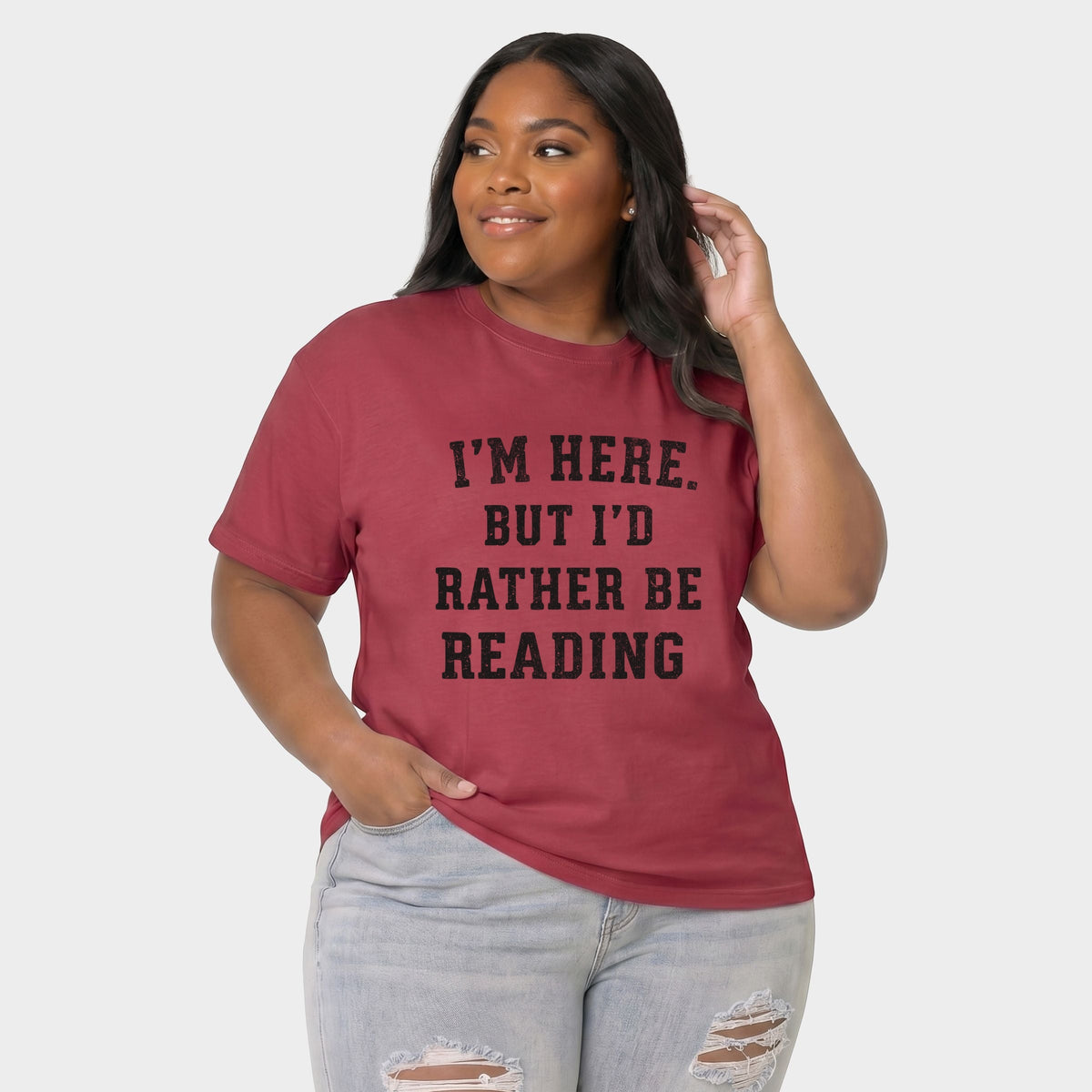 I'm Here. But I'd Rather Be Reading - Women's Plus Sized Garment Dyed Graphic T-Shirt