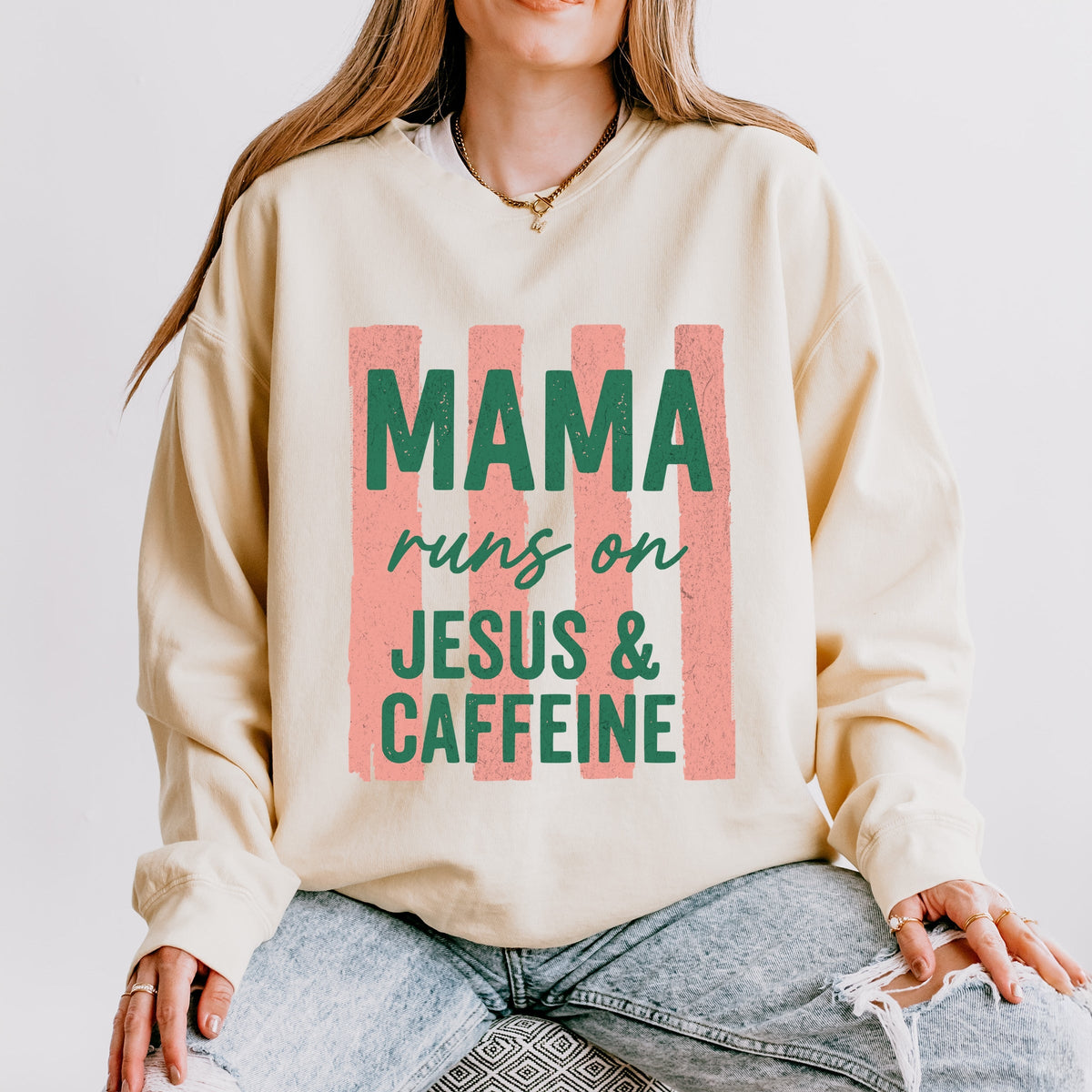 Mama Runs On Jesus and Caffeine - Women's Lightweight Garment Dyed Sweatshirt