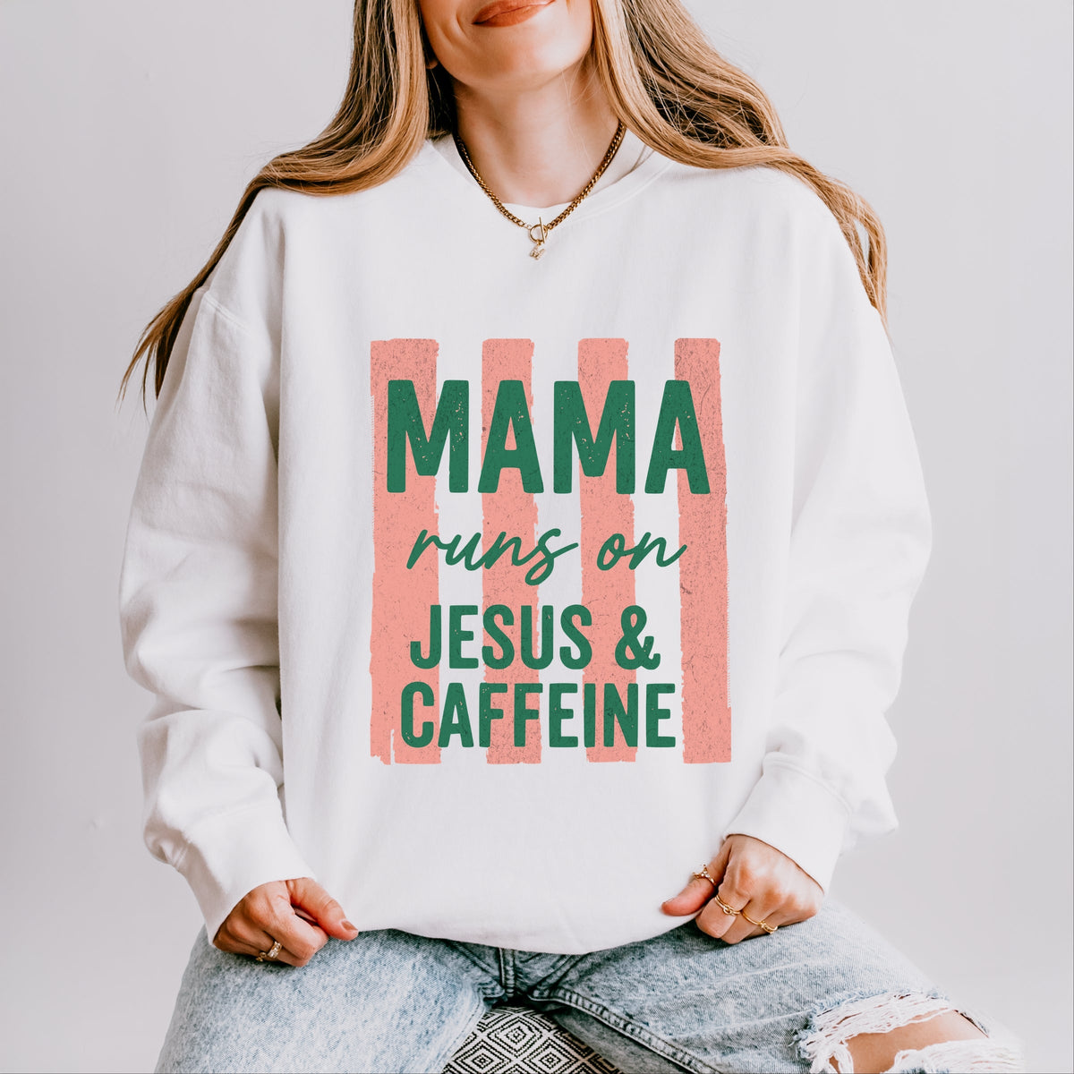 Mama Runs On Jesus and Caffeine - Women's Lightweight Garment Dyed Sweatshirt