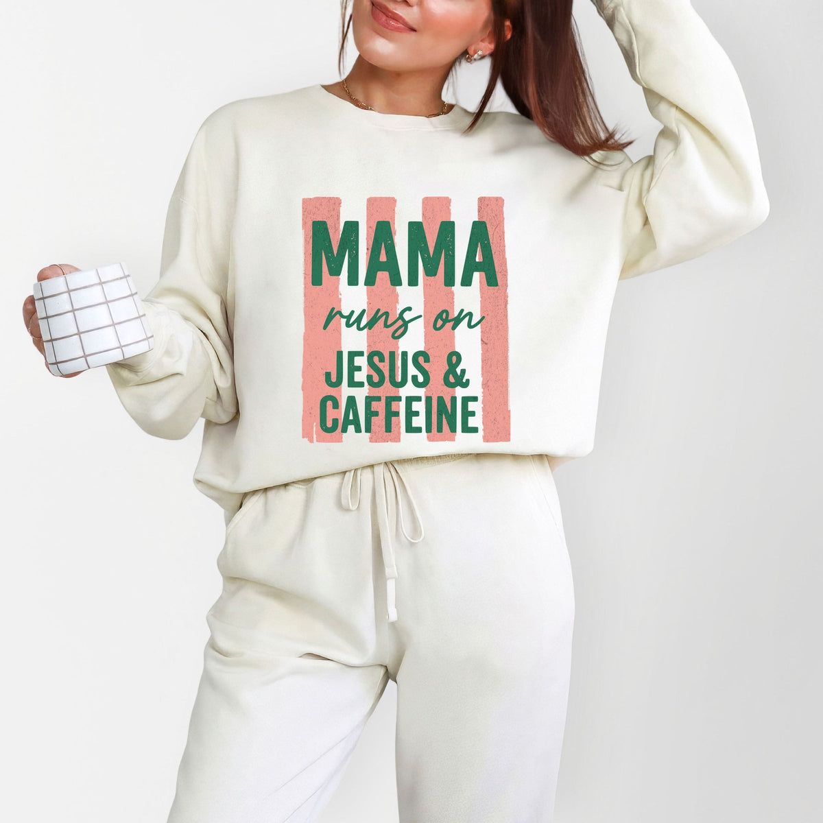 Mama Runs On Jesus and Caffeine - Women's Lightweight Garment Dyed Sweatshirt