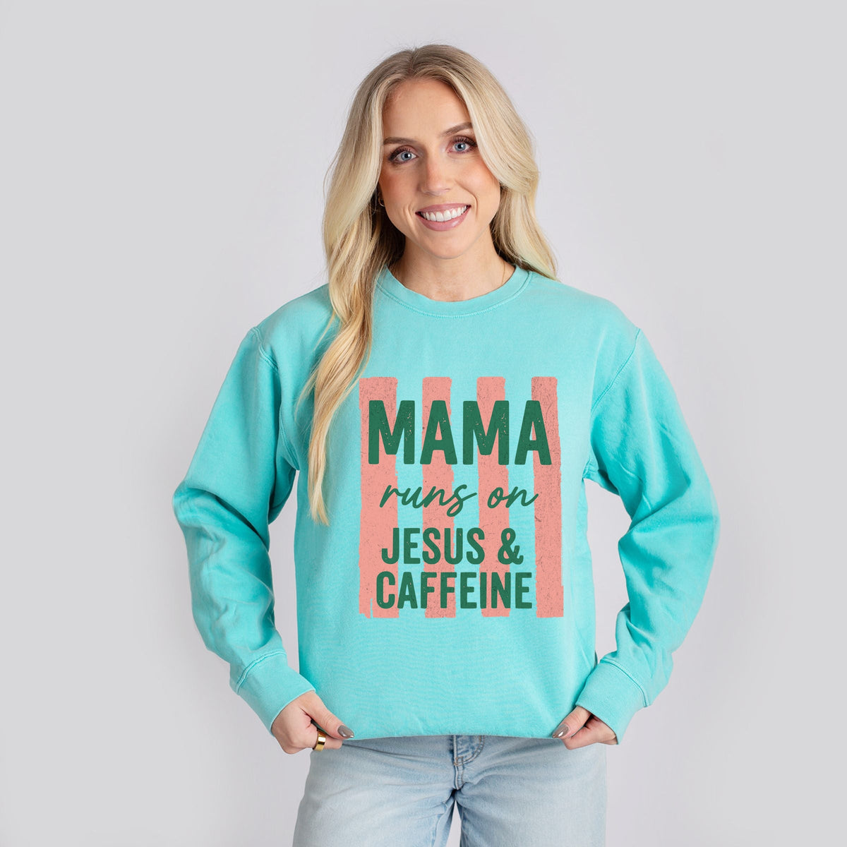 Mama Runs On Jesus and Caffeine - Women's Lightweight Garment Dyed Sweatshirt