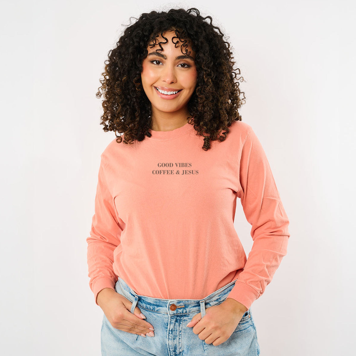 Good Vibes Coffee & Jesus - Women's Garment Dyed Long Sleeve Graphic T-Shirt