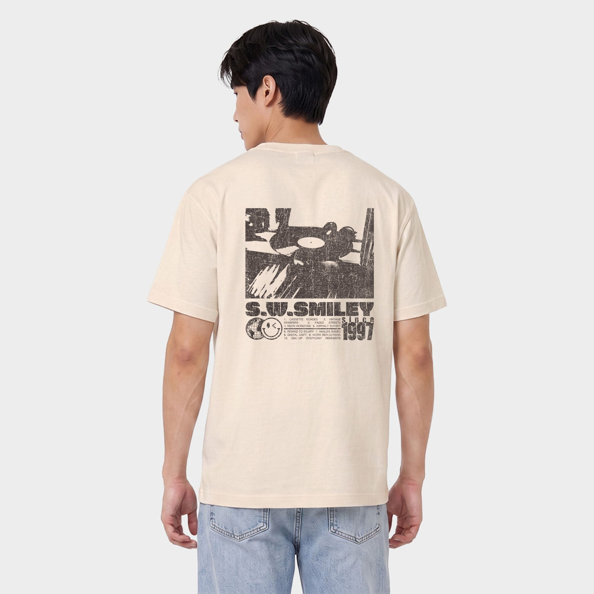 S.W.Smiley Record Retro - Men's Garment Dyed Graphic T-Shirt