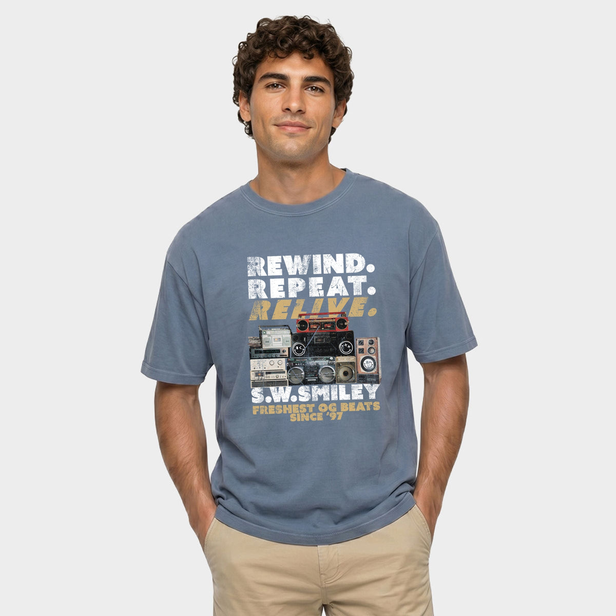 S.W.Smiley Rewind Repeat Relive - Men's Garment Dyed Graphic T-Shirt