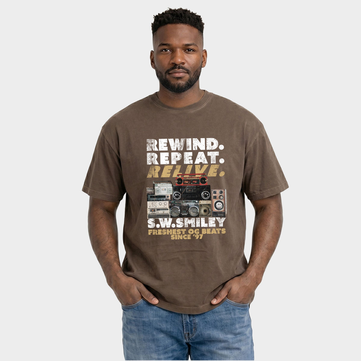 S.W.Smiley Rewind Repeat Relive - Men's Garment Dyed Graphic T-Shirt