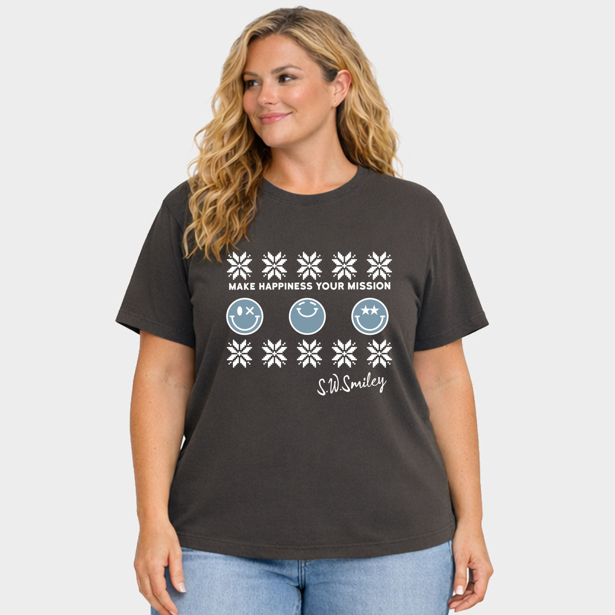 S.W.Smiley Make Happiness Your Mission Snowflake - Women's Plus Garment Dyed Tee
