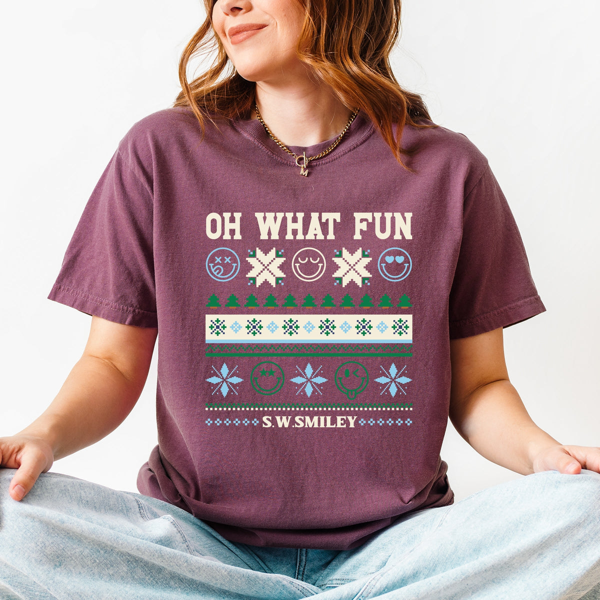 S.W.Smiley Oh What Fun Ugly Sweater - Women's Garment Dyed Graphic T-Shirt