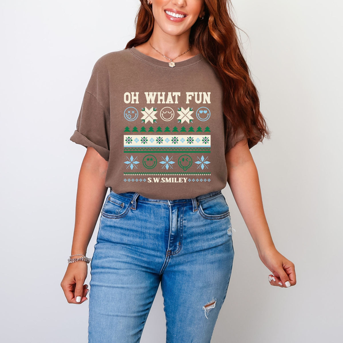 S.W.Smiley Oh What Fun Ugly Sweater - Women's Garment Dyed Graphic T-Shirt