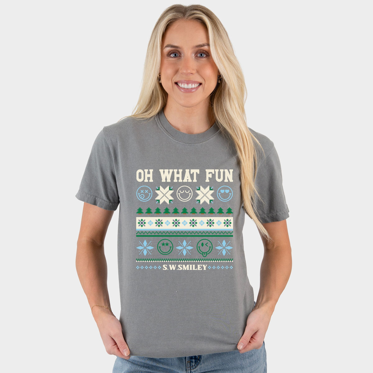 S.W.Smiley Oh What Fun Ugly Sweater - Women's Garment Dyed Graphic T-Shirt
