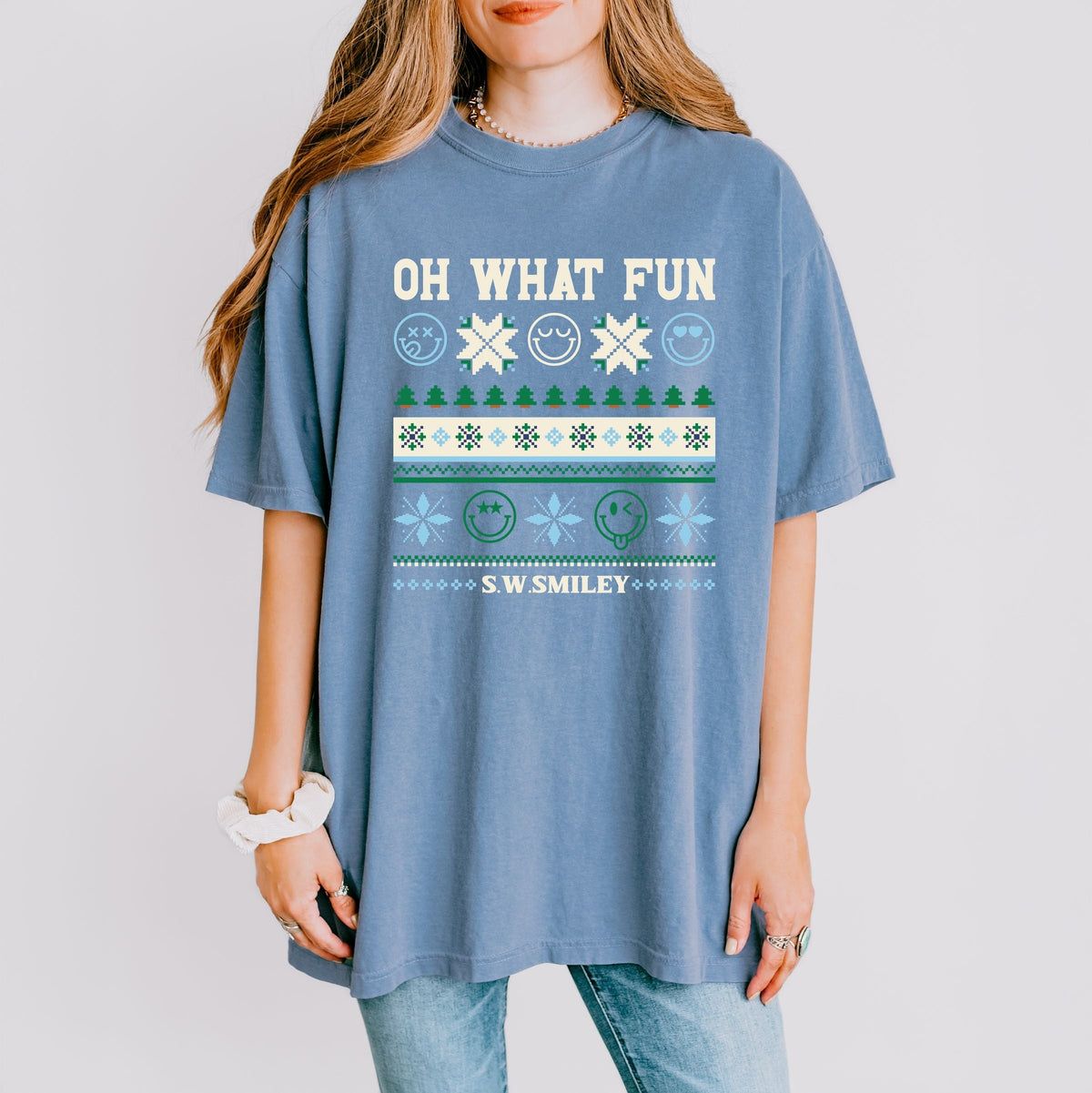 S.W.Smiley Oh What Fun Ugly Sweater - Women's Garment Dyed Graphic T-Shirt
