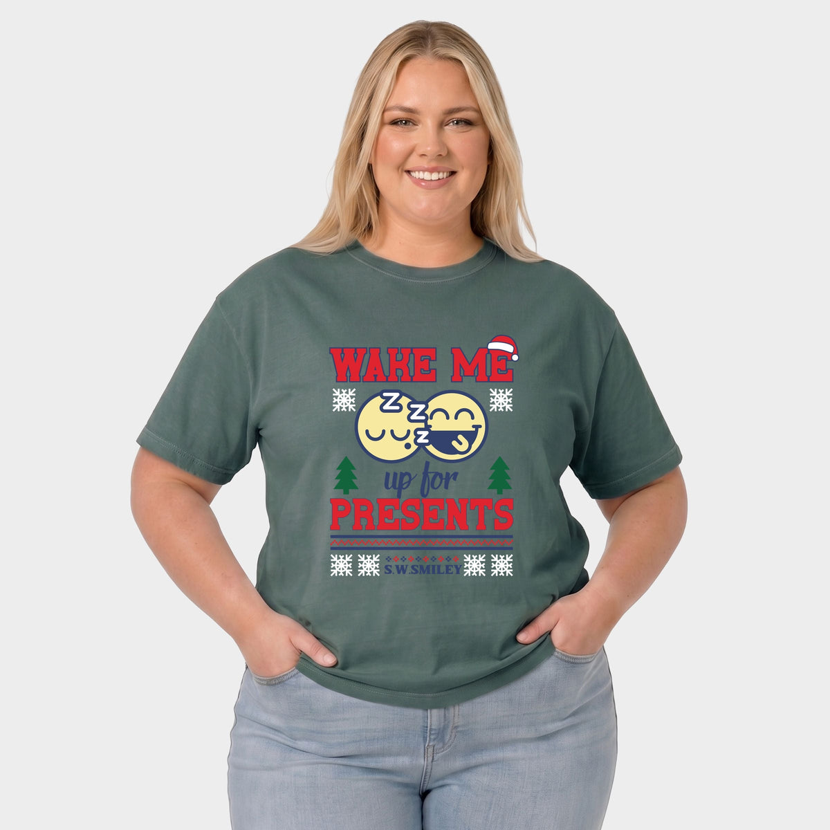 S.W.Smiley Wake Me Up For Presents - Women's Plus Garment Dyed Tee