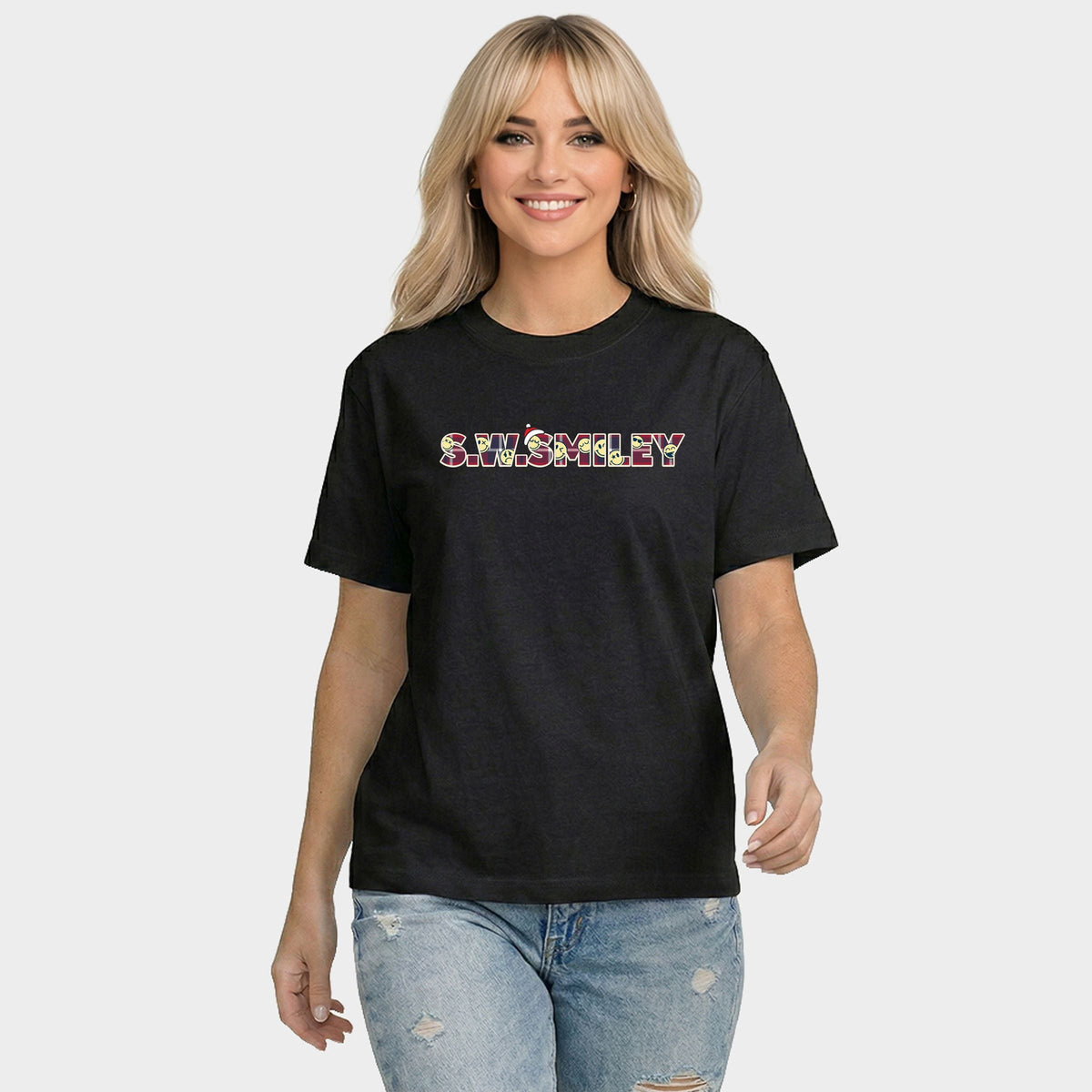 S.W.Smiley Christmas Red Plaid - Women's Relaxed Boxy Tee