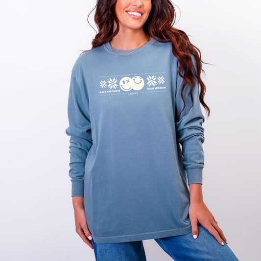 S.W.Smiley Make Happiness Your Mission Cream - Women's Garment Dyed Long Sleeve Graphic T-Shirt