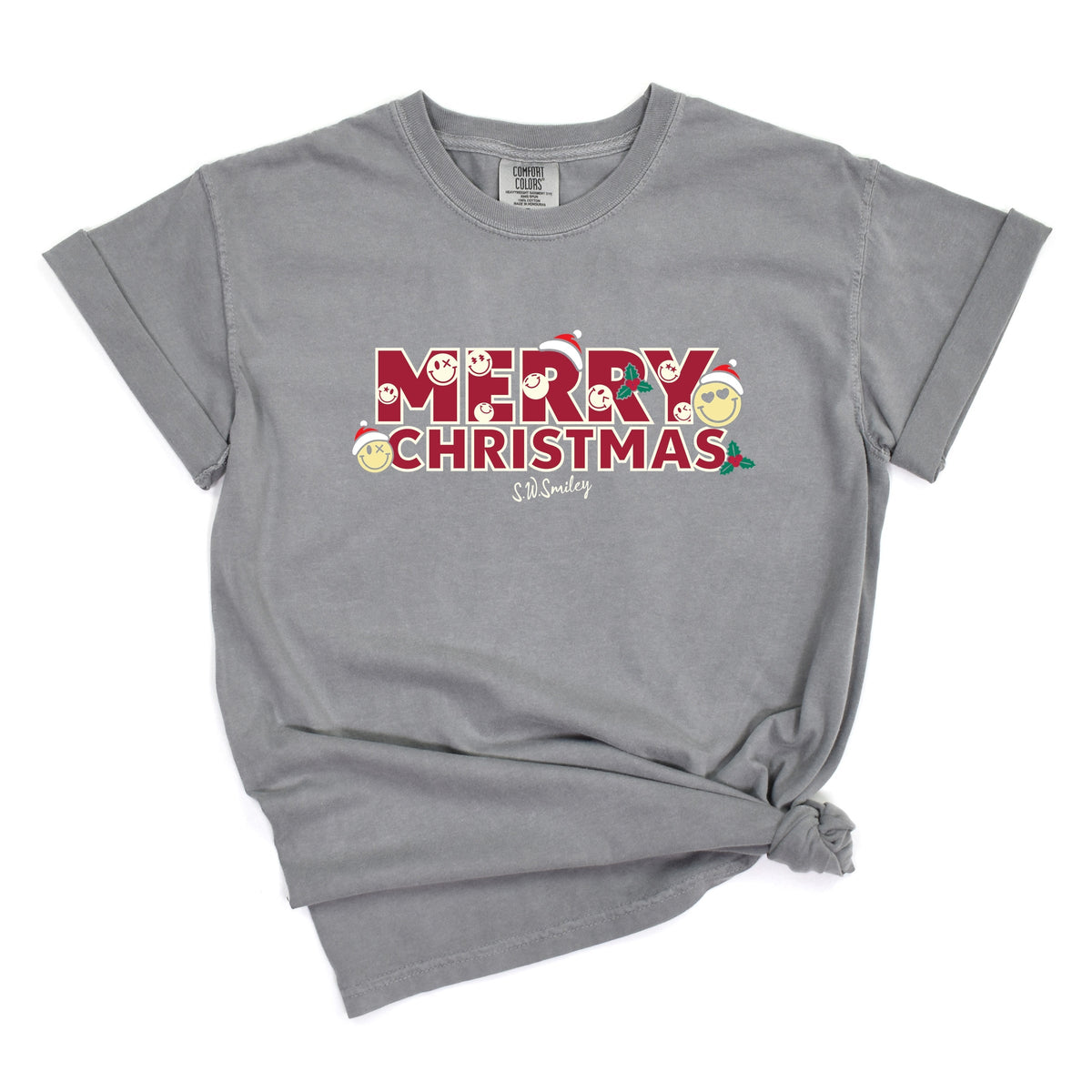 S.W.Smiley Merry Christmas Stacked - Women's Garment Dyed Graphic T-Shirt