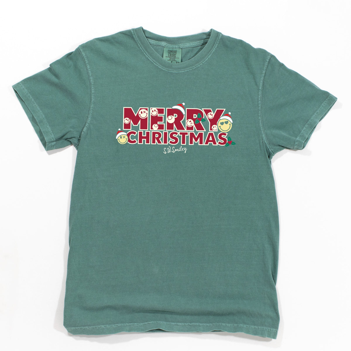 S.W.Smiley Merry Christmas Stacked - Women's Garment Dyed Graphic T-Shirt