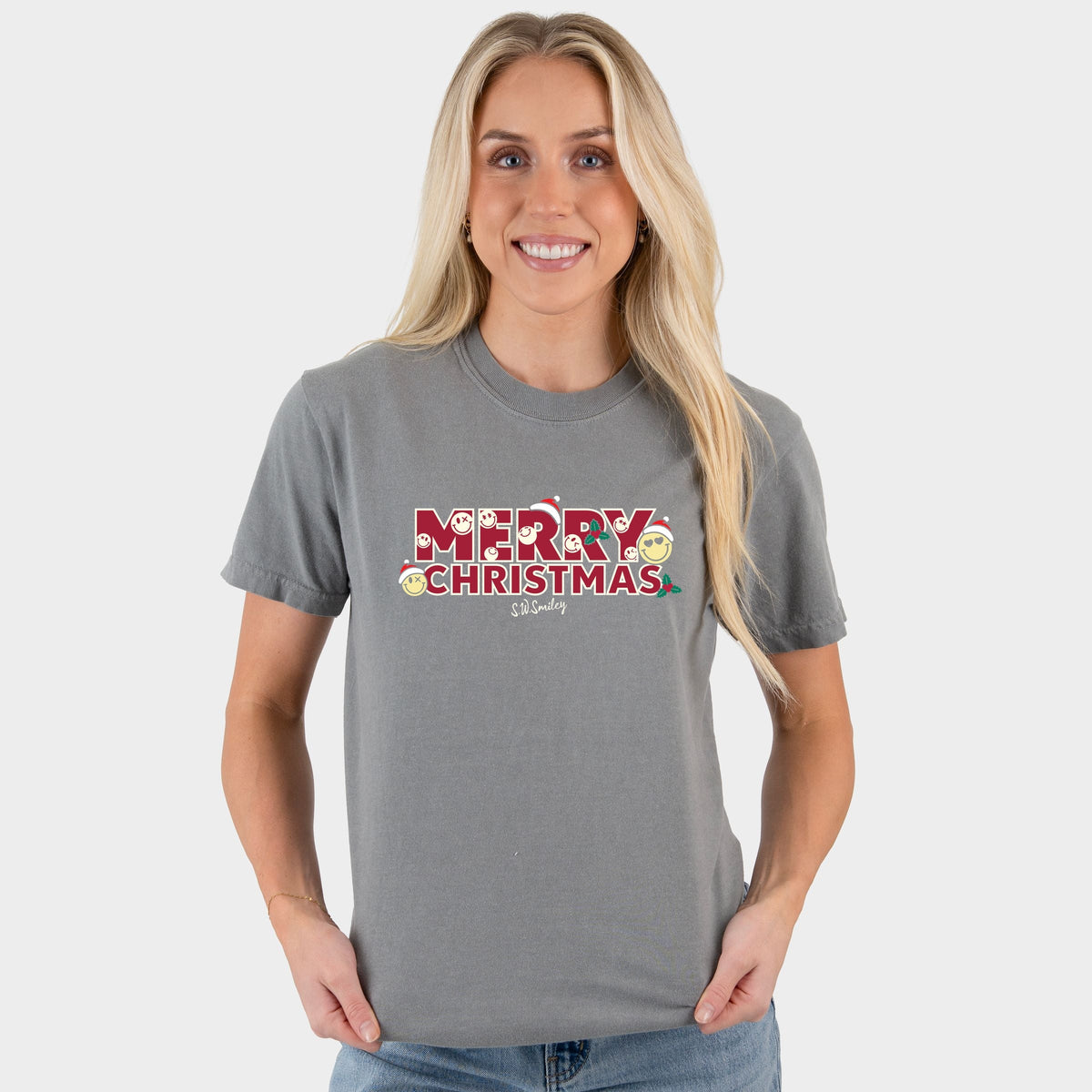 S.W.Smiley Merry Christmas Stacked - Women's Garment Dyed Graphic T-Shirt