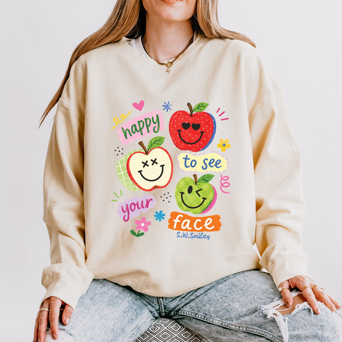 S.W.Smiley Happy To See Your Face Apple Plaid - Women's Lightweight Garment Dyed Sweatshirt