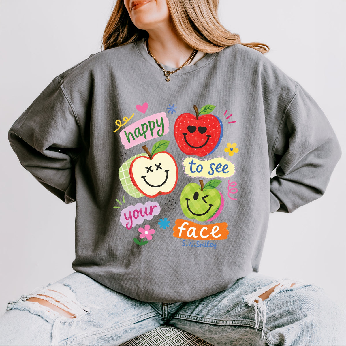S.W.Smiley Happy To See Your Face Apple Plaid - Women's Lightweight Garment Dyed Sweatshirt