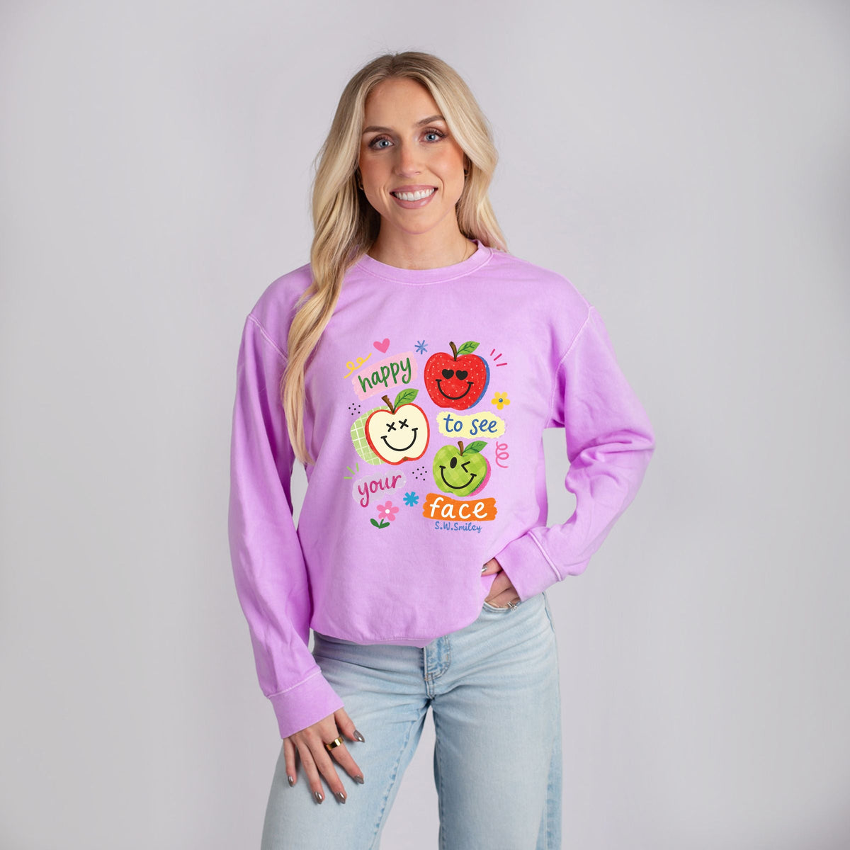 S.W.Smiley Happy To See Your Face Apple Plaid - Women's Lightweight Garment Dyed Sweatshirt