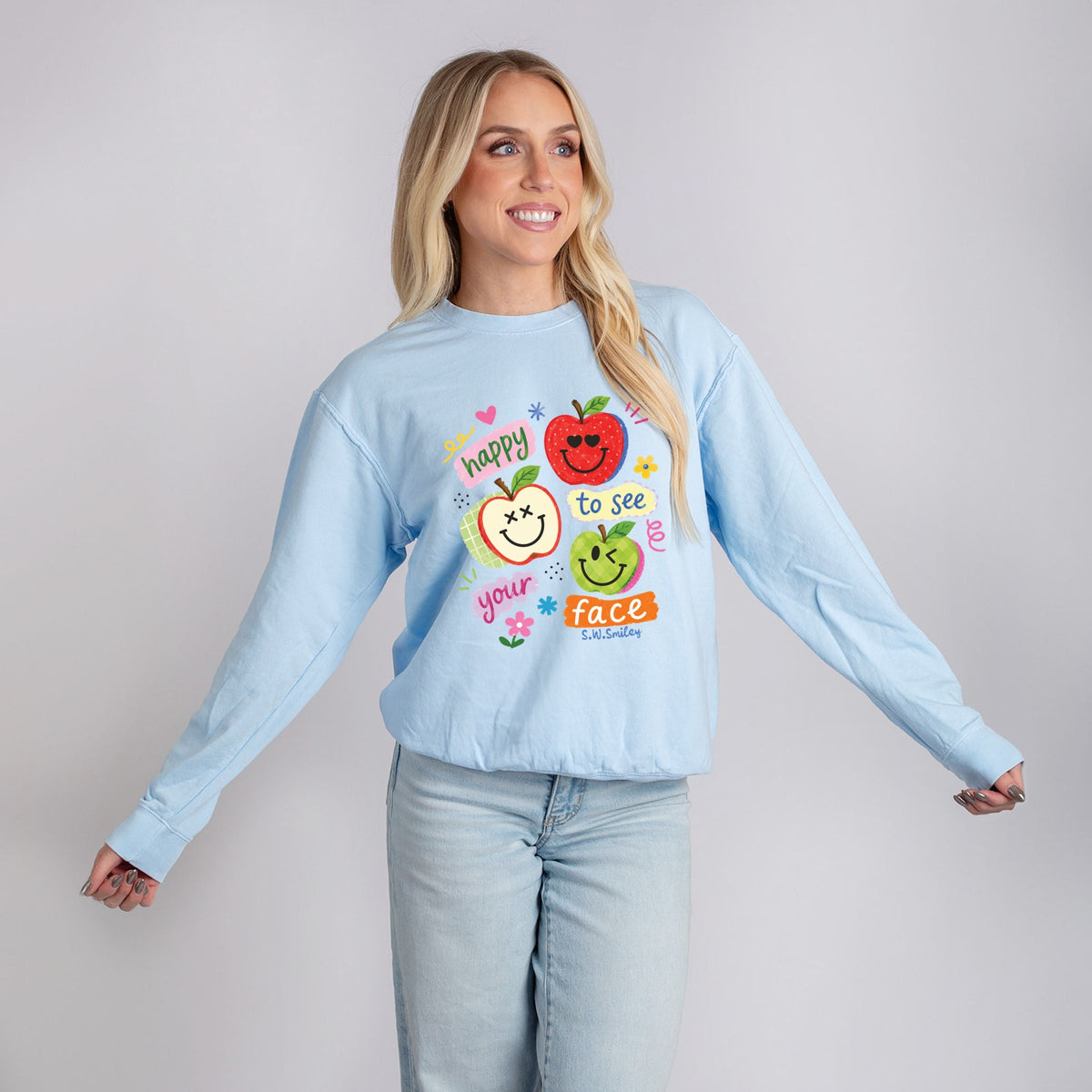 S.W.Smiley Happy To See Your Face Apple Plaid - Women's Lightweight Garment Dyed Sweatshirt
