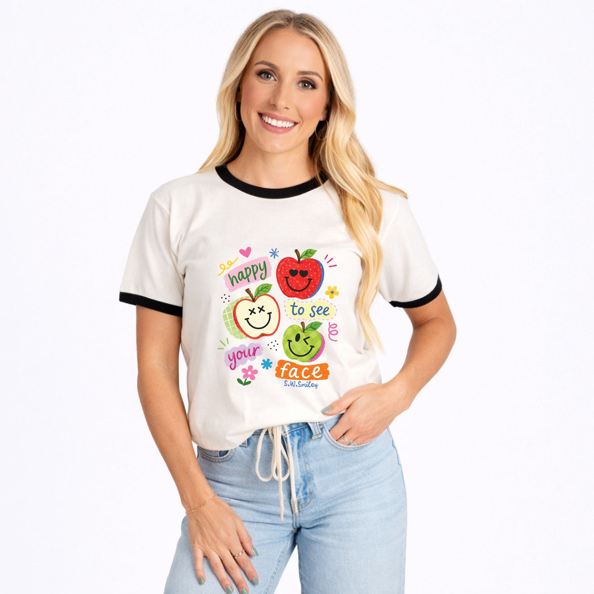 S.W.Smiley Happy To See Your Face Apple Plaid - Women's Ringer Graphic T-Shirt