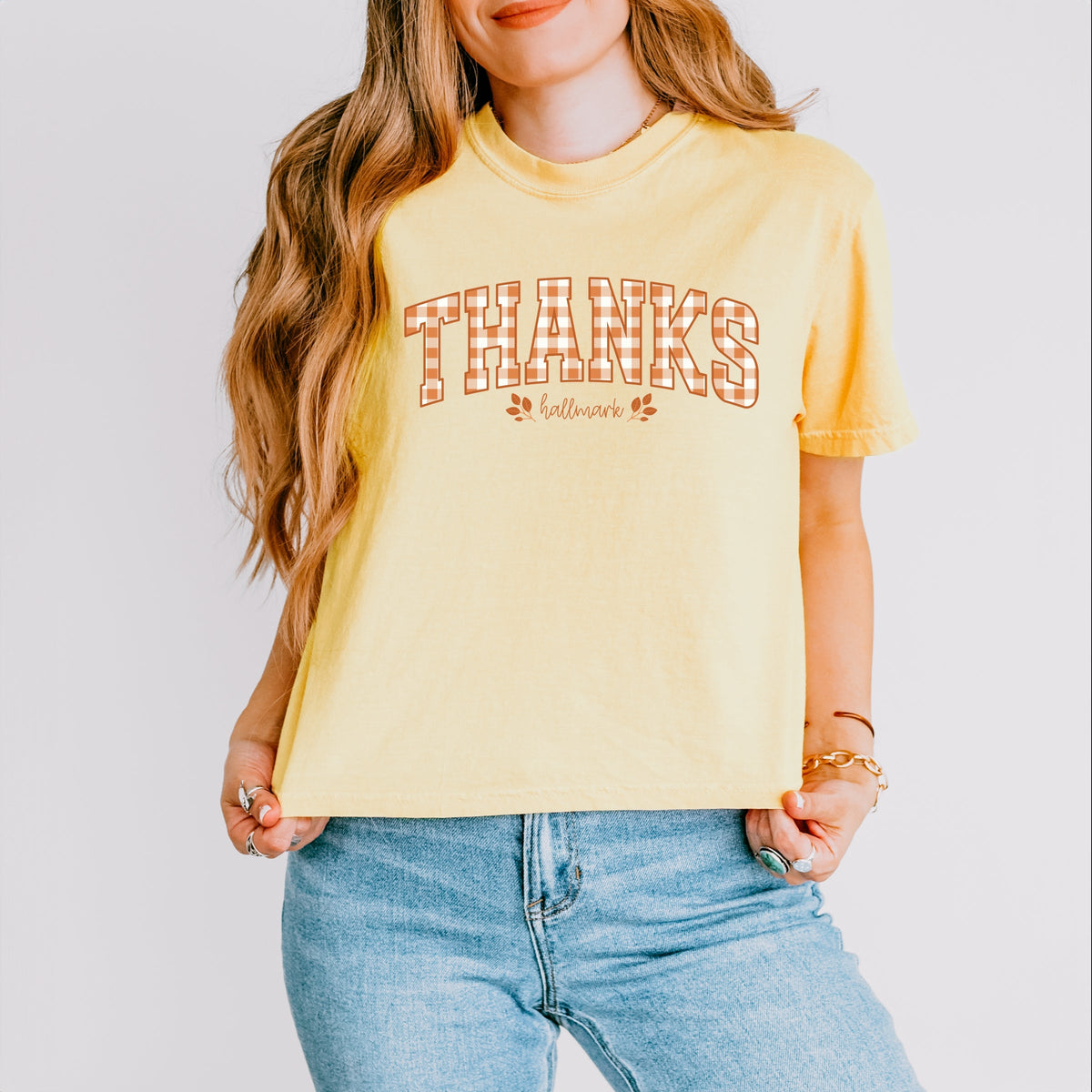 Hallmark - Thanks Gingham - Women's Boxy Crop Top Graphic T-Shirt