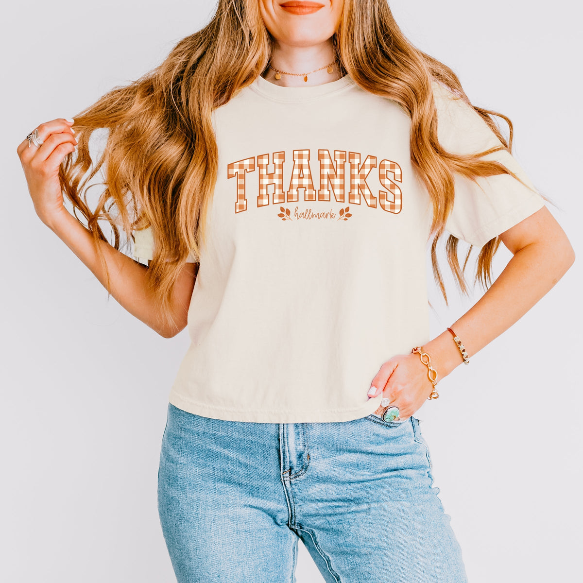 Hallmark - Thanks Gingham - Women's Boxy Crop Top Graphic T-Shirt