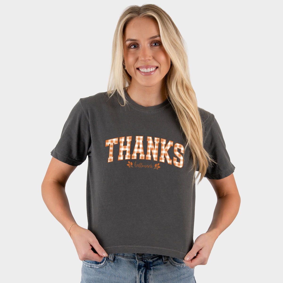Hallmark - Thanks Gingham - Women's Boxy Crop Top Graphic T-Shirt