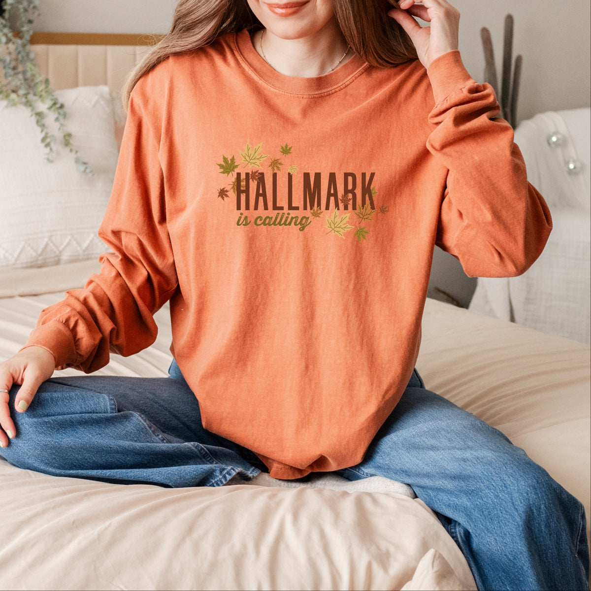 Hallmark - Is Calling Leaves - Women's Garment Dyed Long Sleeve Graphic T-Shirt