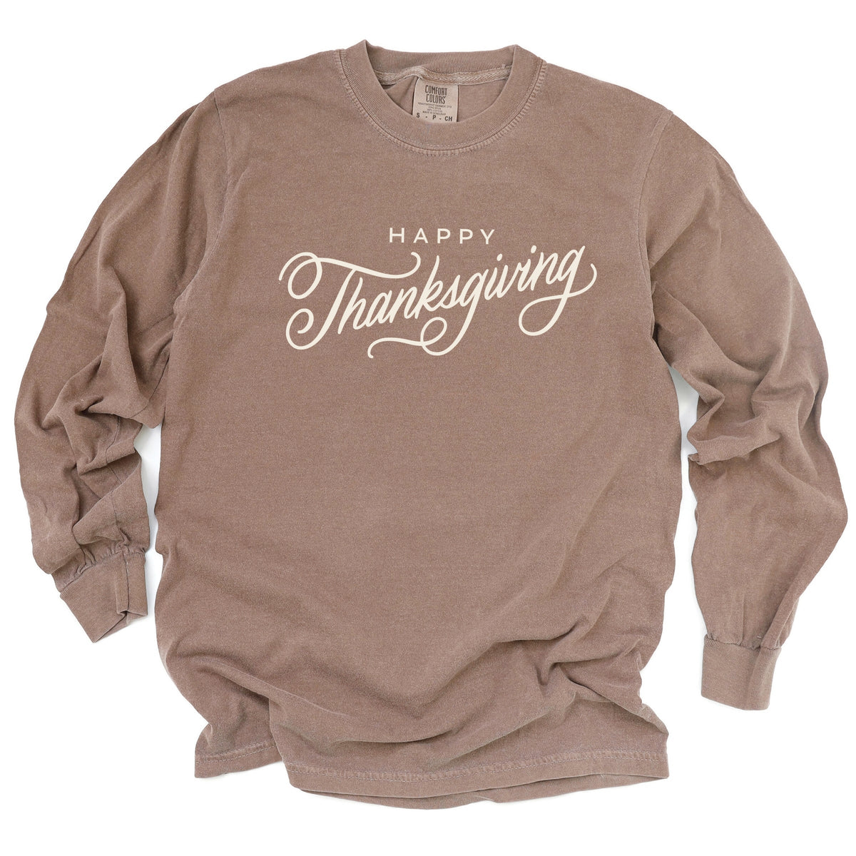 Hallmark - Happy Thanksgiving Cursive - Women's Garment Dyed Long Sleeve Graphic T-Shirt
