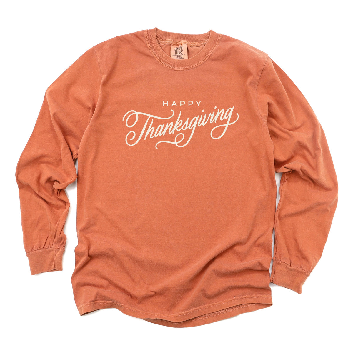 Hallmark - Happy Thanksgiving Cursive - Women's Garment Dyed Long Sleeve Graphic T-Shirt
