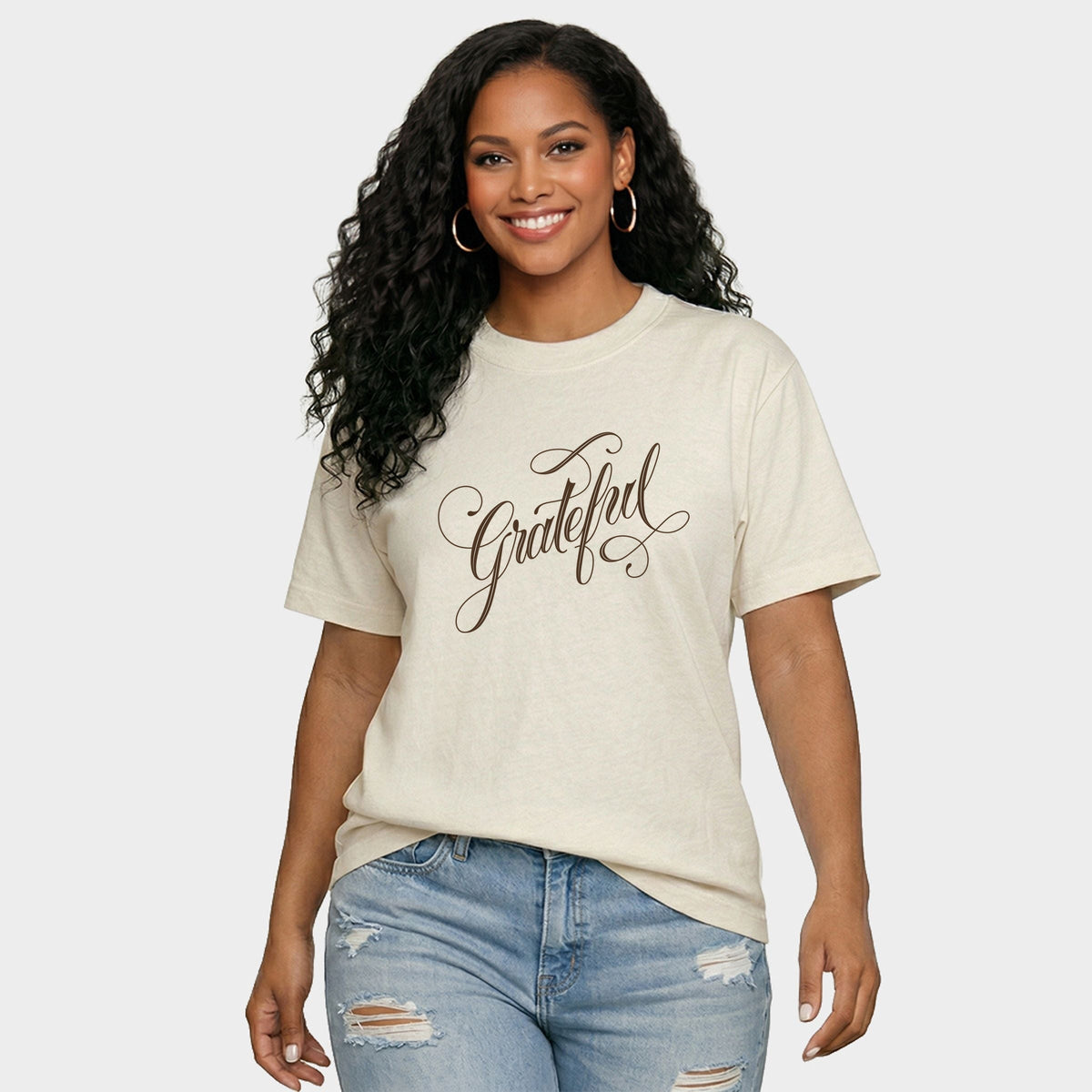 Hallmark - Grateful Cursive Brown - Women's Relaxed Boxy Tee