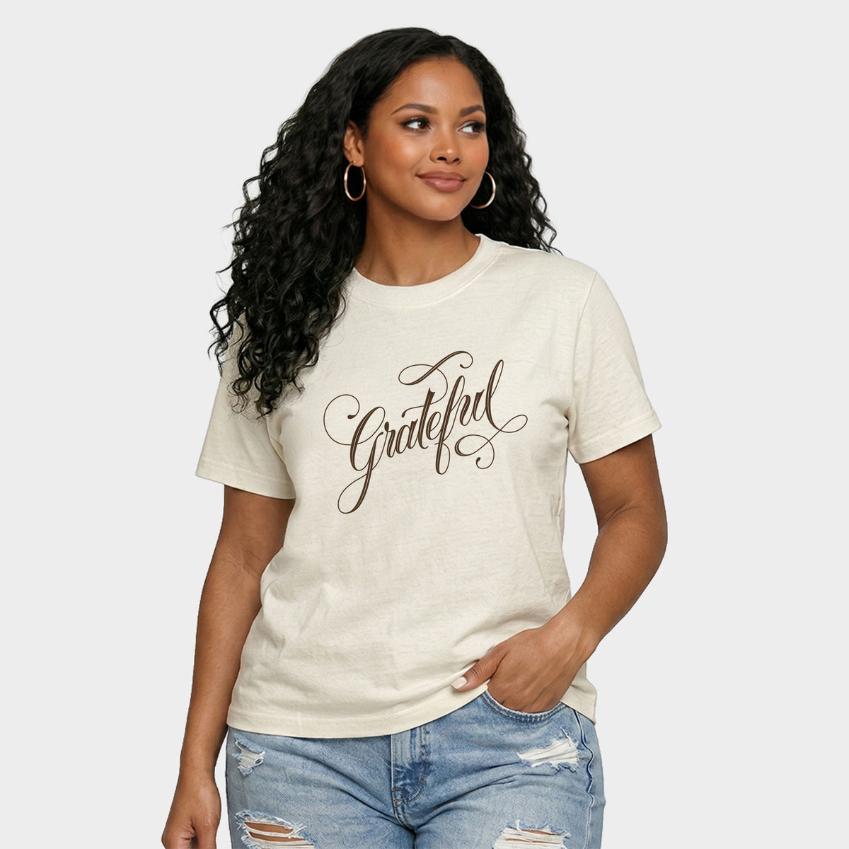 Hallmark - Grateful Cursive Brown - Women's Relaxed Boxy Tee