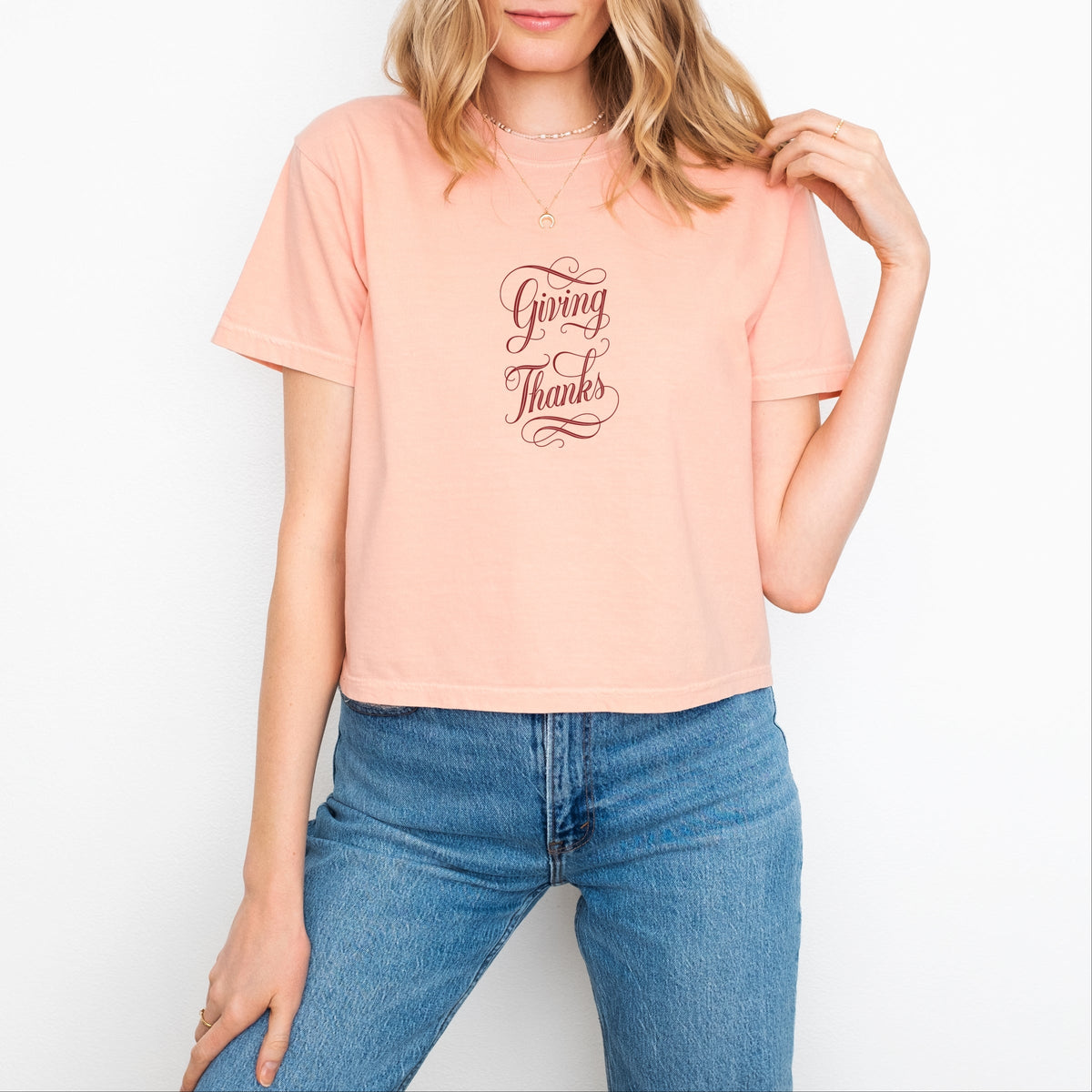 Hallmark - Giving Thanks Cursive - Women's Boxy Crop Top Graphic T-Shirt