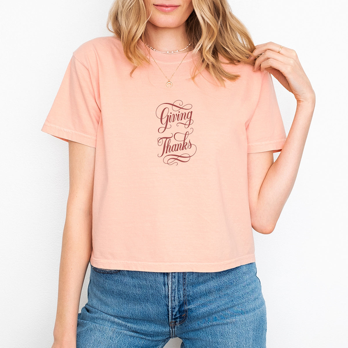 Hallmark - Giving Thanks Cursive - Women's Boxy Crop Top Graphic T-Shirt