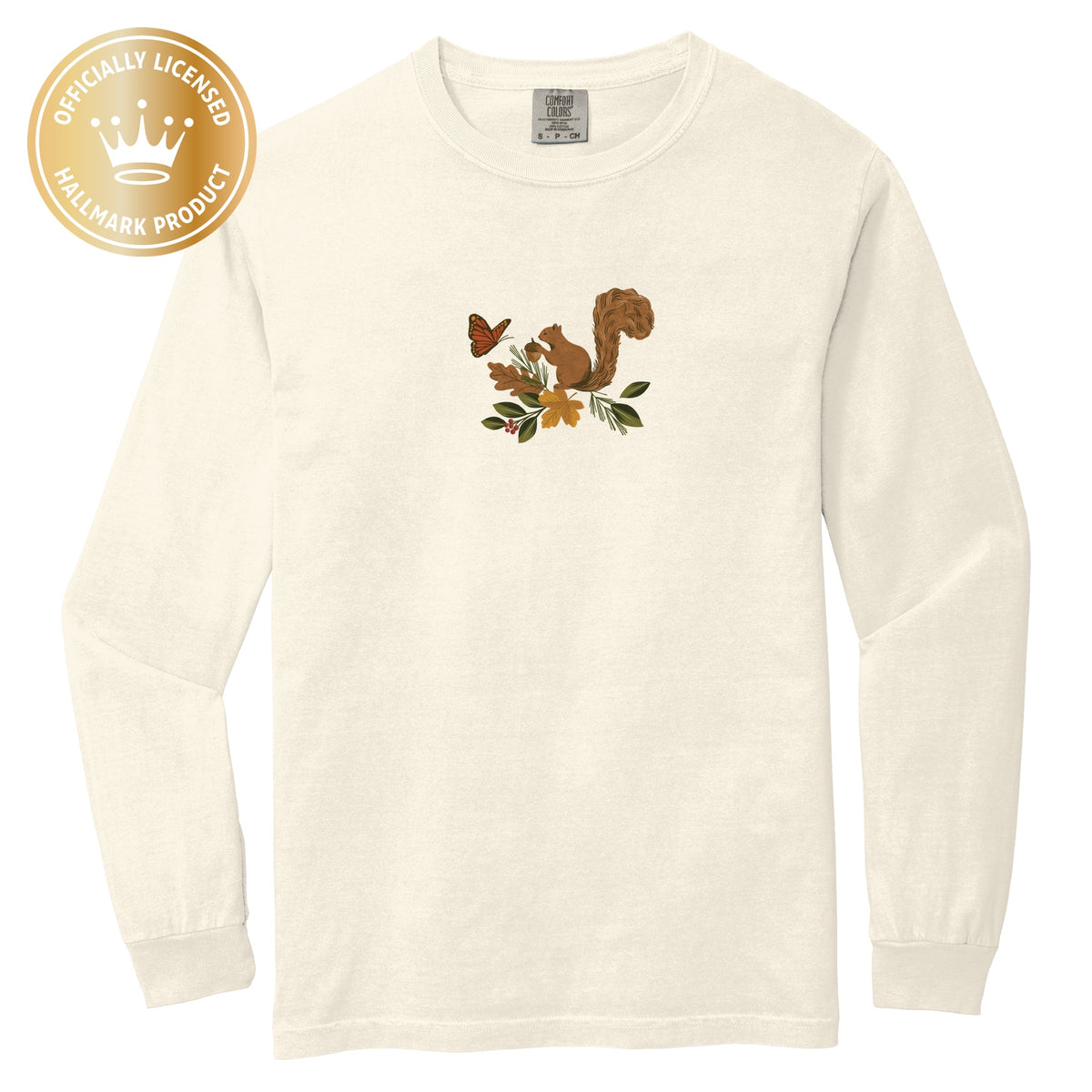 Hallmark - Squirrel With Leaves - Women's Garment Dyed Long Sleeve Graphic T-Shirt
