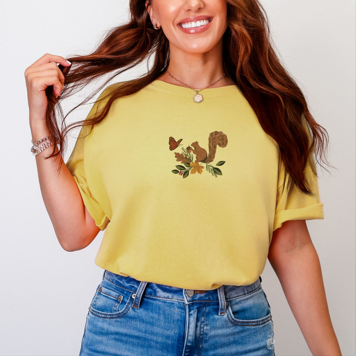 Hallmark - Squirrel With Leaves - Women's Garment Dyed Graphic T-Shirt