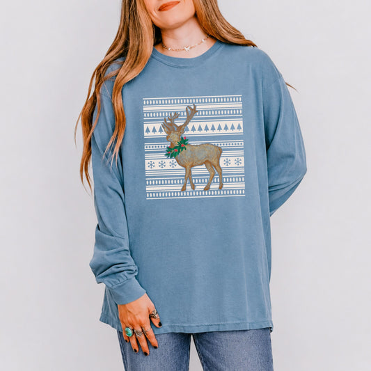 Hallmark - Ugly Sweater Reindeer - Women's Garment Dyed Long Sleeve Graphic T-Shirt