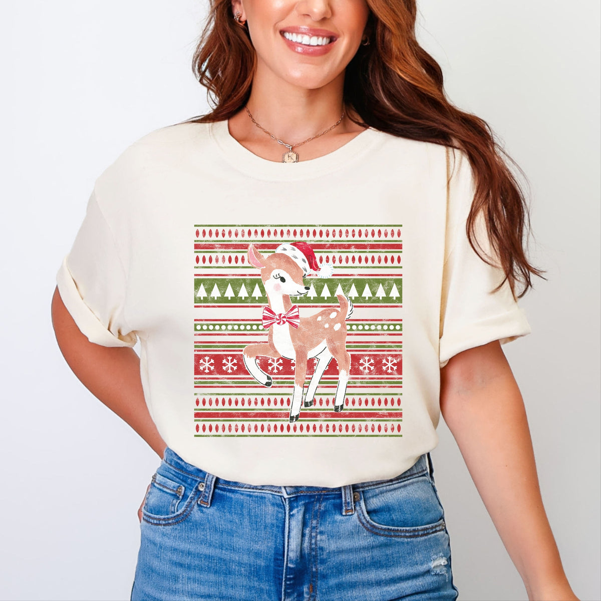 Hallmark - Colorful Pattern Reindeer - Women's Garment Dyed Graphic T-Shirt