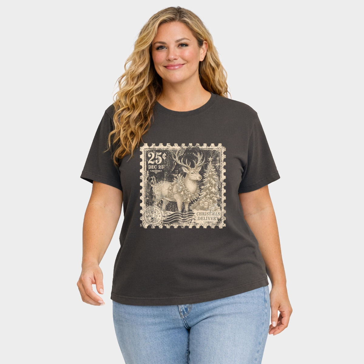 Reindeer Stamp - Women's Plus Garment Dyed Tee