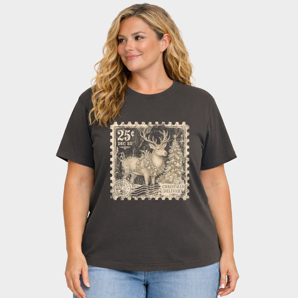 Reindeer Stamp - Women's Plus Garment Dyed Tee