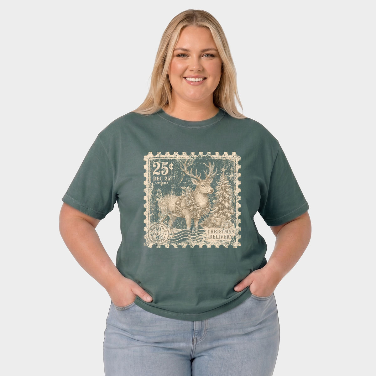 Reindeer Stamp - Women's Plus Garment Dyed Tee
