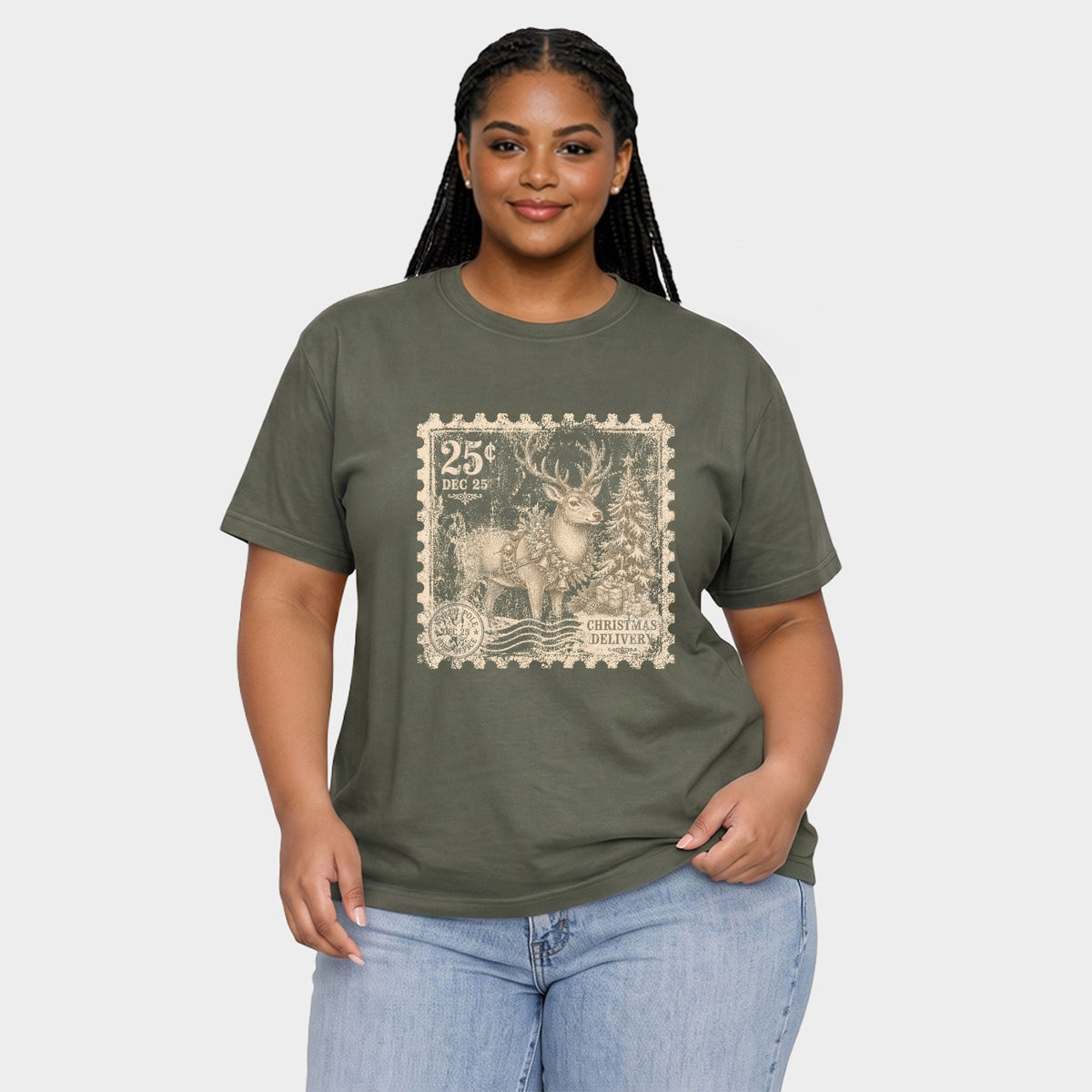 Reindeer Stamp - Women's Plus Garment Dyed Tee